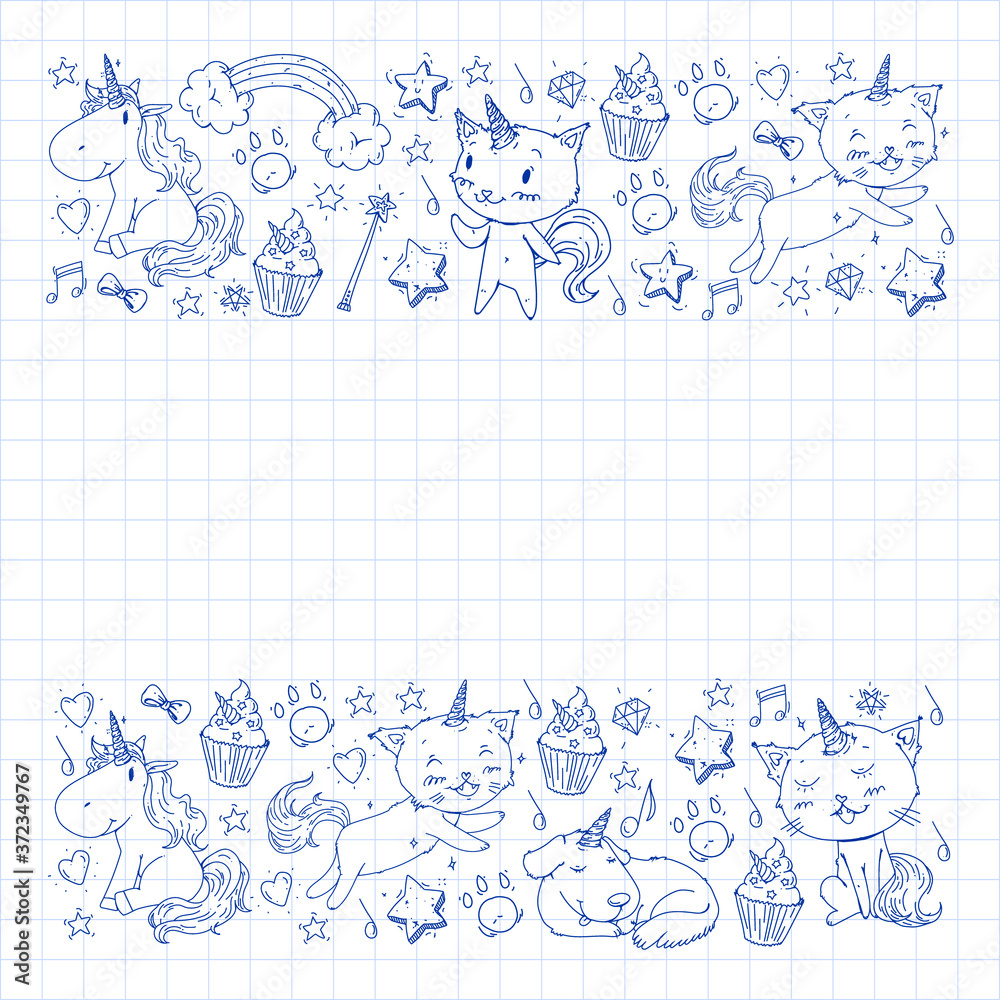 Pattern with unicorns, rainbow, confetti and other elements. Vector background with stickers, pins, patches in cartoon. Cats and dogs. Pattern with unicorns, rainbow, confetti and other elements. Vector background with stickers, pins, patches in cartoon. Cats and dogs.