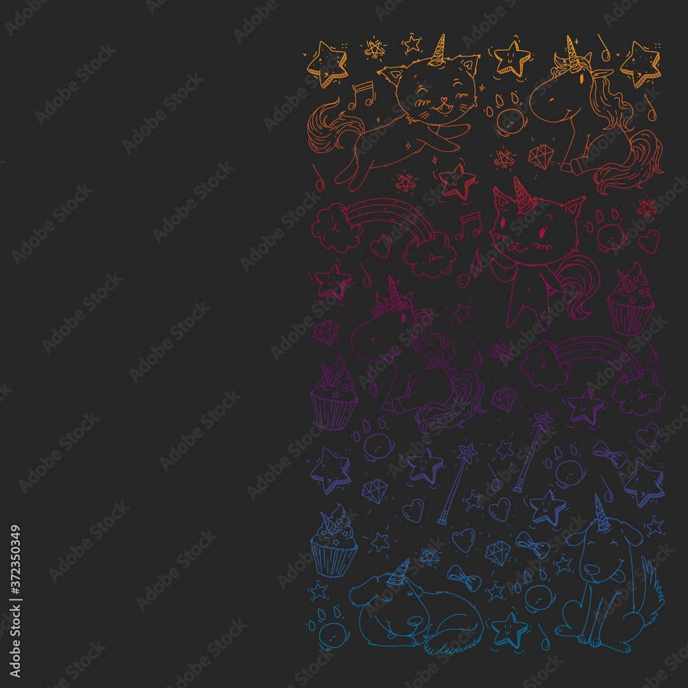 Pattern with unicorns, rainbow, confetti and other elements. Vector background with stickers, pins, patches in cartoon. Cats and dogs. Pattern with unicorns, rainbow, confetti and other elements. Vector background with stickers, pins, patches in cartoon. Cats and dogs.