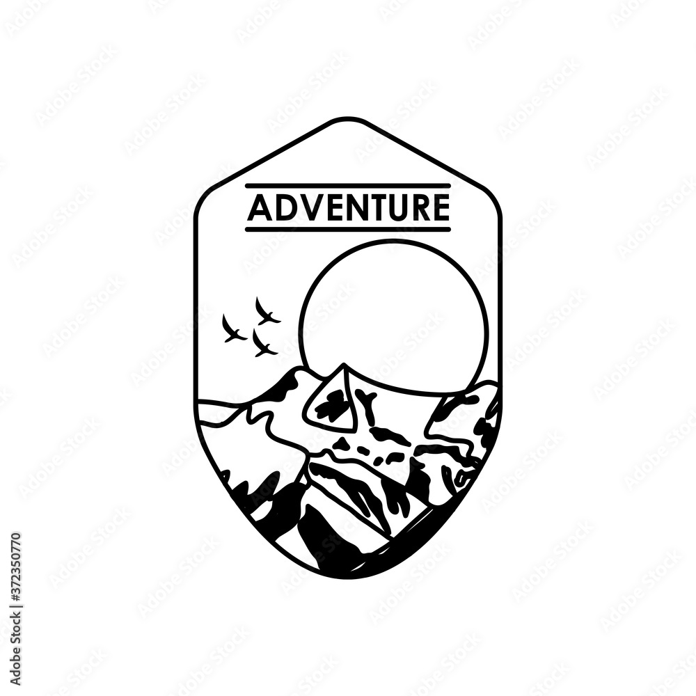 adventure badge insignia with snowy mountains and sun, silhouette style adventure badge insignia with snowy mountains and sun, silhouette style