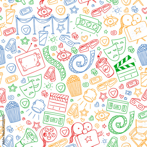 Seamless cinema pattern with vector icons. Pop corn, music, movie, online tv.