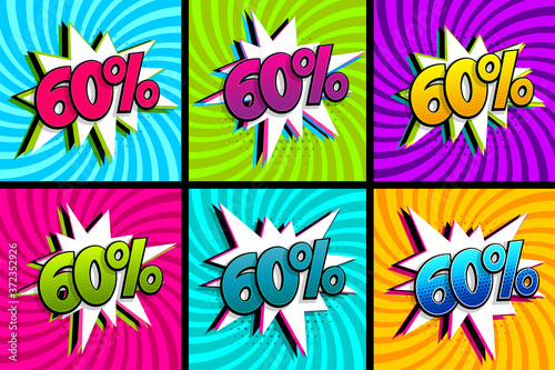 Comic text 60 percent sale set discount.
