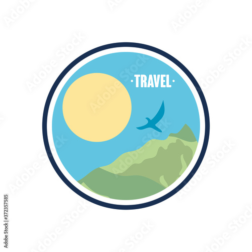 travel round badge with mountain and sun, flat style