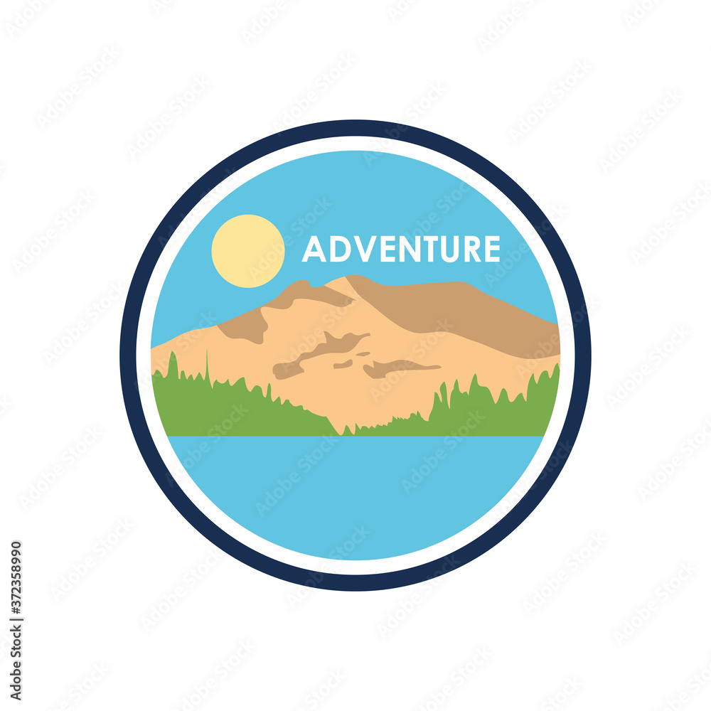 round insignia badge with dry mountain and sun, flat style round insignia badge with dry mountain and sun, flat style