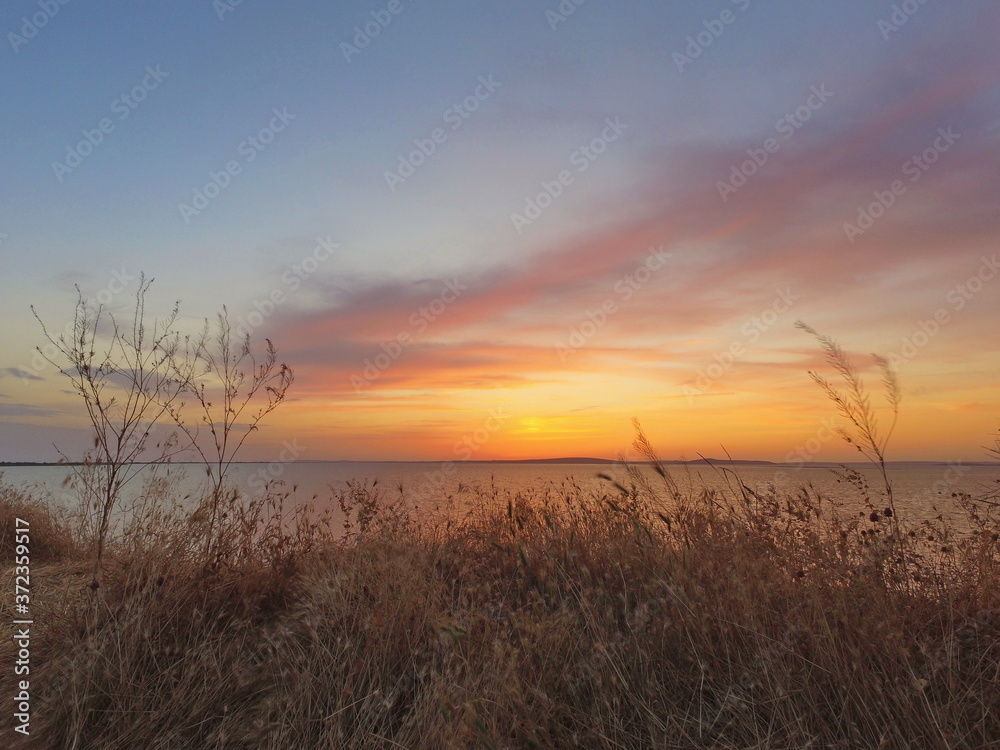 View of the Kiziltash estuary at sunset. Krasnodar territory, Russia
