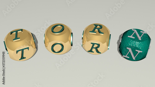 TORN curved text of cubic dice letters, 3D illustration for paper and background