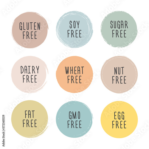Hand drawn food dietary label set. Natural pastel color on grunge circle background.
