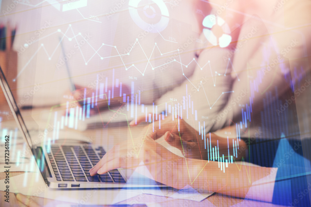 Multi exposure of woman hands typing on computer and financial chart hologram drawing. Stock market analysis concept. Multi exposure of woman hands typing on computer and financial chart hologram drawing. Stock market analysis concept.