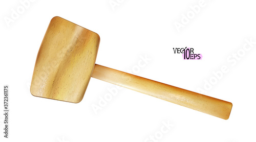 Realistic wooden mallet modern craft with handle of wood. Woodworking, metalworking, locksmith work tool isolated on white background. Vector illustration