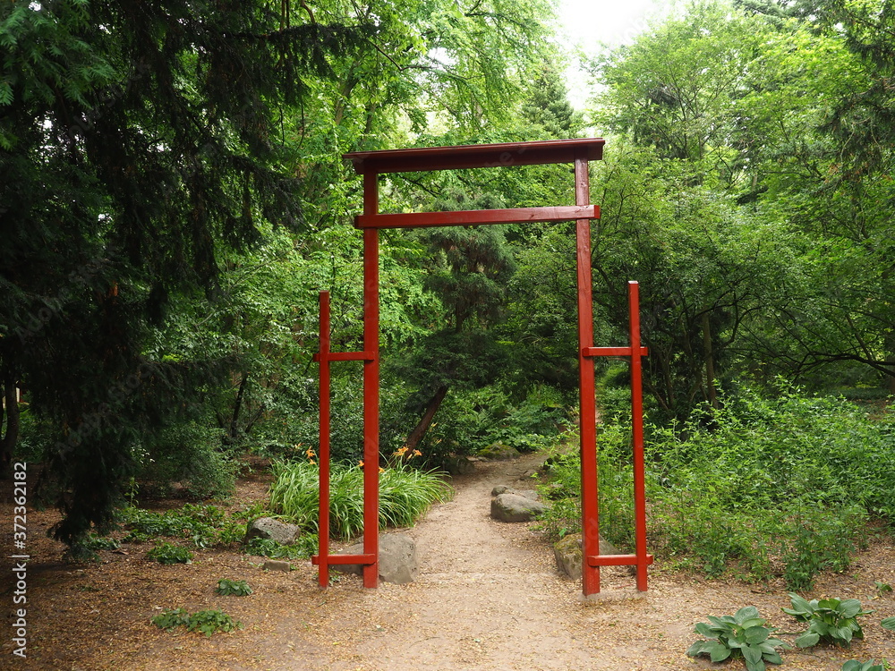 A Japanesque shrine gate (Dendrological Garden in Przelewice (arboretum przelewice) Polan)