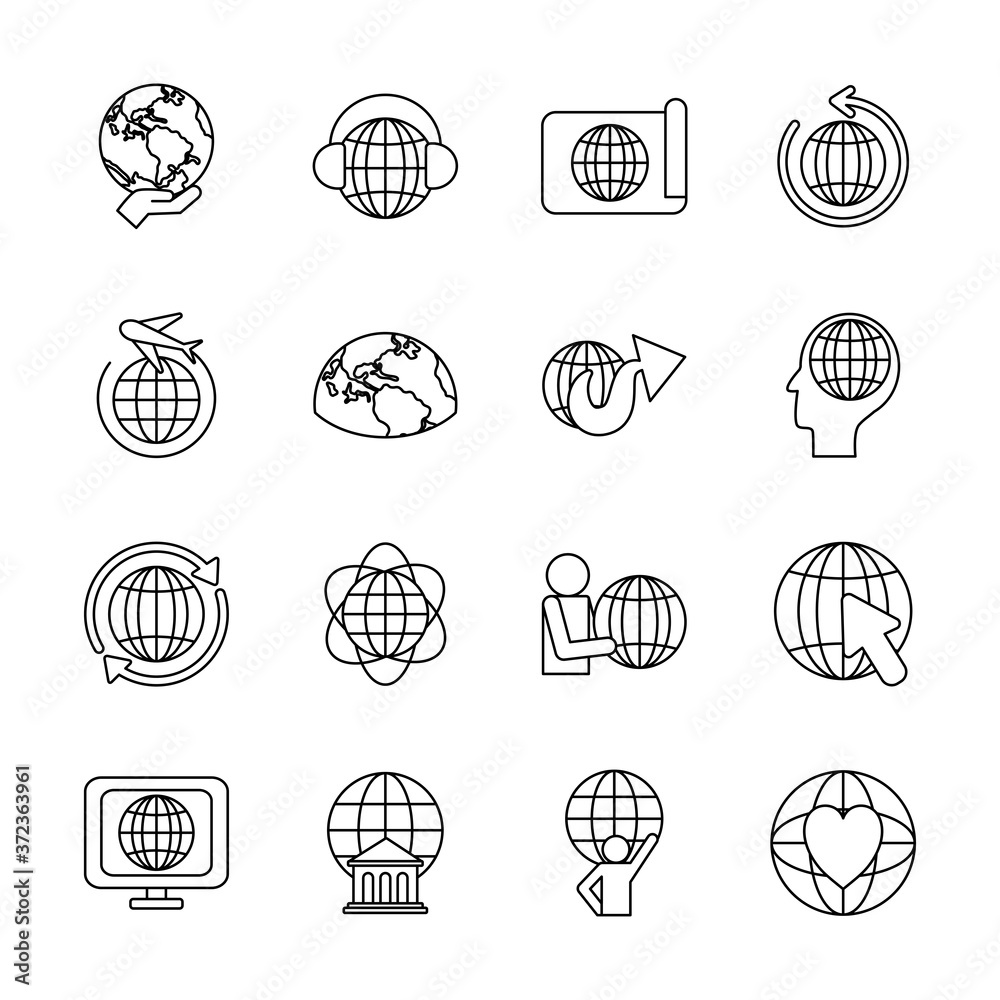 pictogram man and global sphere icon set, line style pictogram man and global sphere icon set, line style