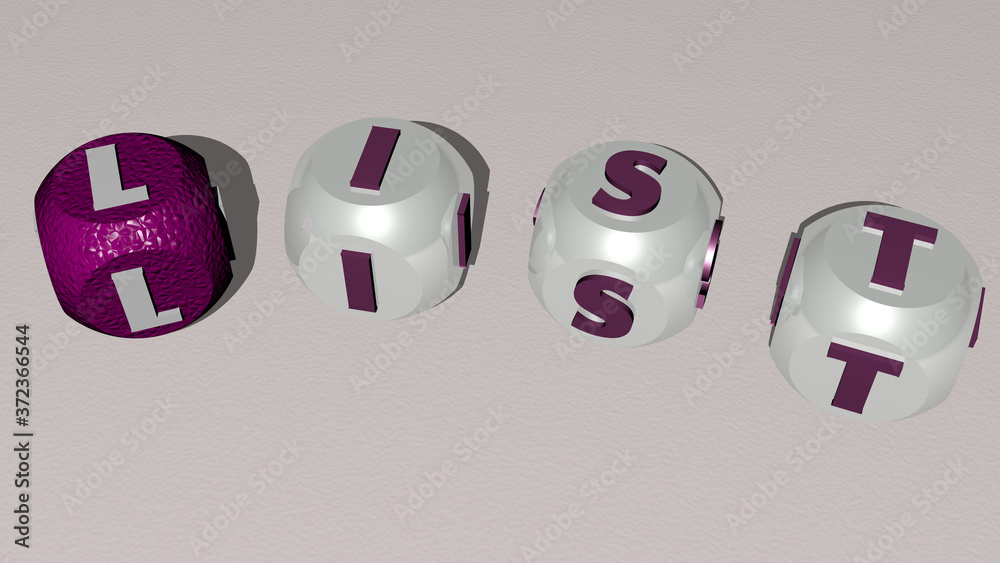 LIST curved text of cubic dice letters, 3D illustration for business and background LIST curved text of cubic dice letters, 3D illustration for business and background