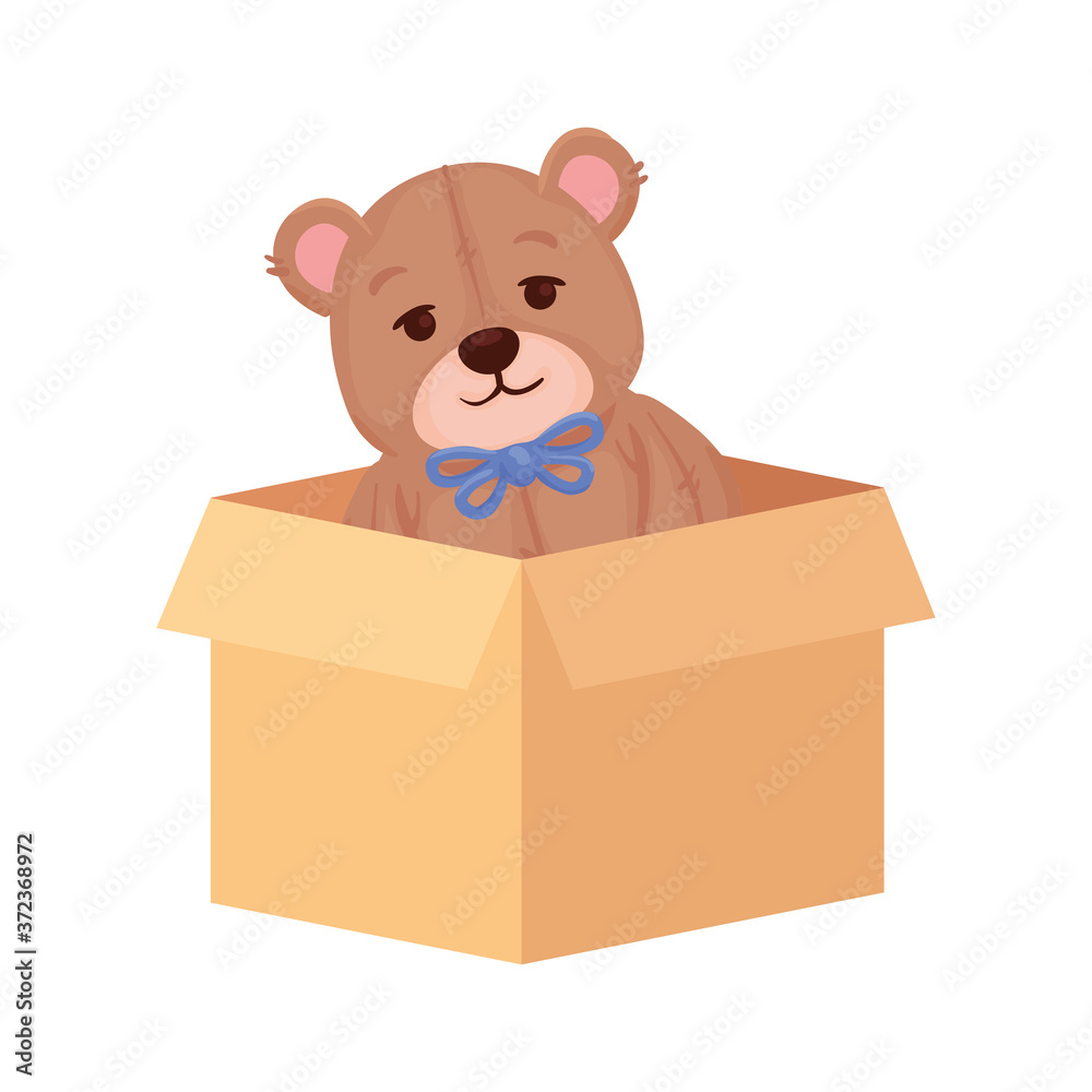 toy teddy bear on box carton, in white background vector illustration design
