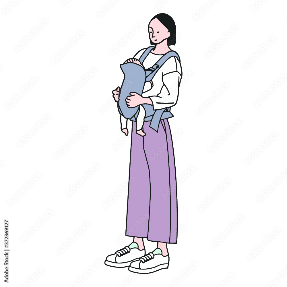 抱っこひもで赤ちゃんを抱っこする女の人のカラーイラスト Stock Vektorgrafik Adobe Stock