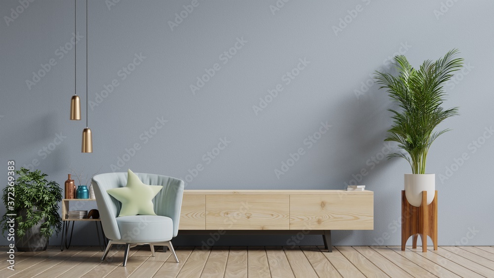 Cabinet TV in modern living room,Interior of a bright living room with armchair on empty gray wall background.