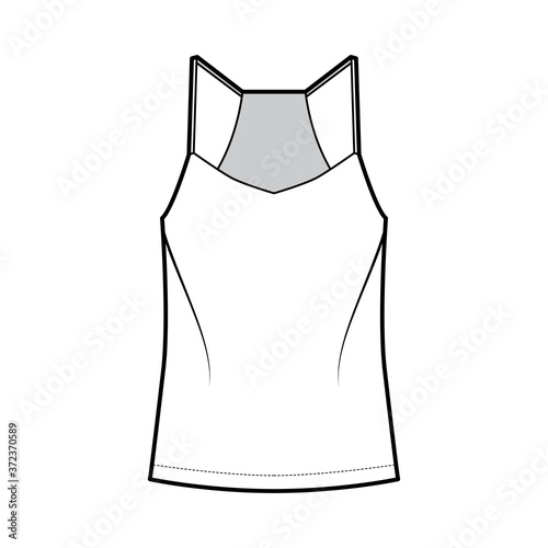 Fotografia, Obraz Racer-back camisole technical fashion illustration with V-neck, straps, relaxed fit, tunic length