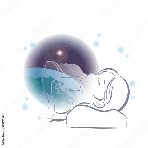 心地よい睡眠をとる女性（宇宙背景）