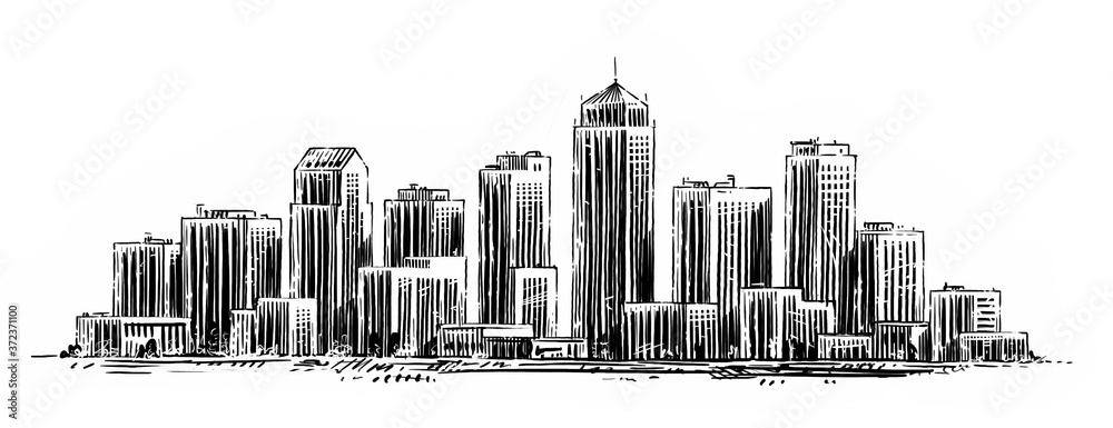 Modern city sketch. Hand drawn urban landscape with skyscrapers