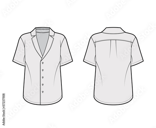 Pajama-style shirt technical fashion illustration with loose silhouette, pointed notch collar, front button fastenings, short sleeves. Flat apparel template front back grey color. Women men unisex top