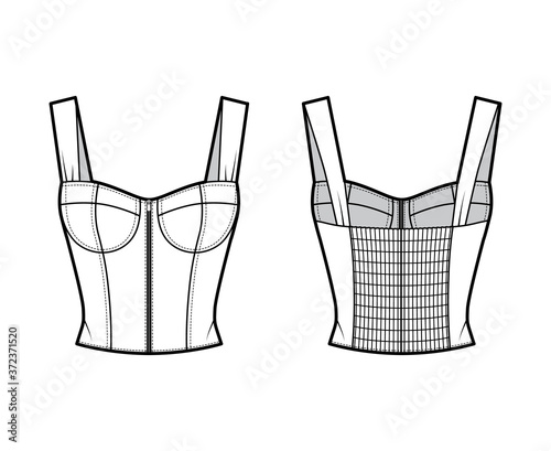 Zip-up jewel cropped shirred corset-style smocked top technical fashion illustration with molded cups, close fit, shirred back. Flat apparel template front, back, white color. Women, men, unisex shirt