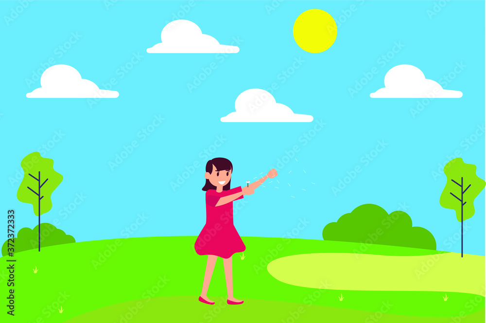 Summer vector concept: Little girl playing at park