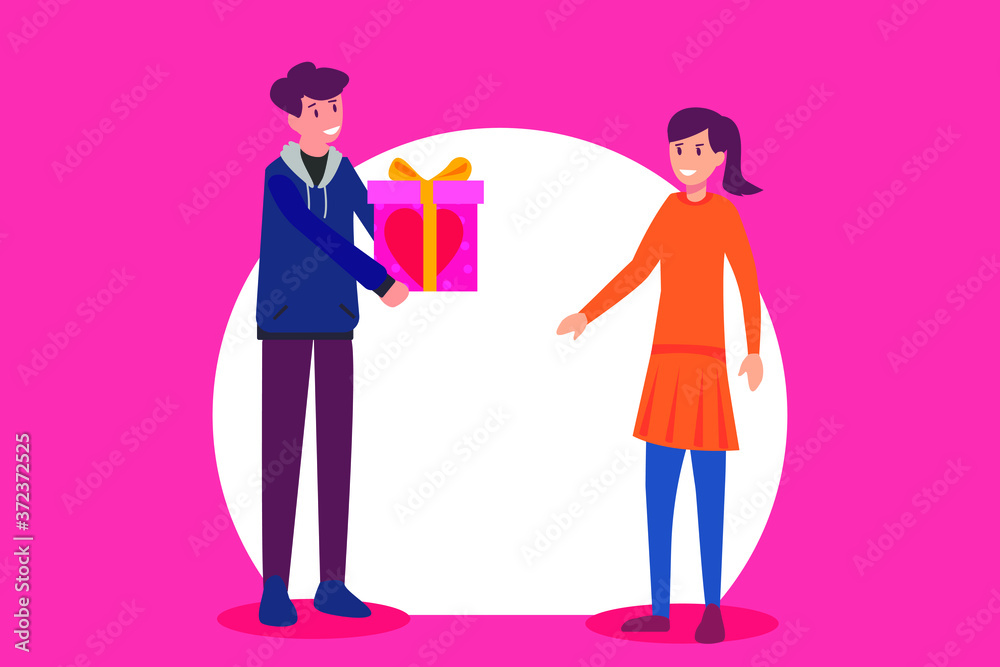 Valentine's gift vector concept: man giving a present box to his girl Valentine's gift vector concept: man giving a present box to his girl