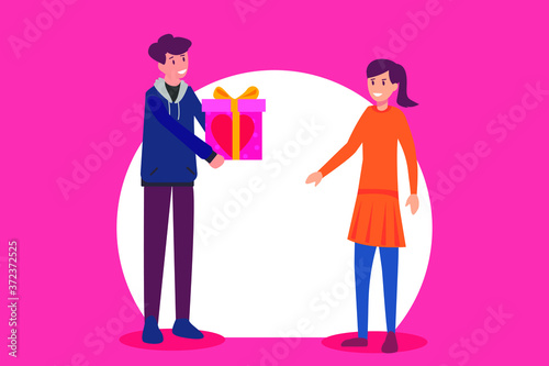 Valentine's gift vector concept: man giving a present box to his girl 