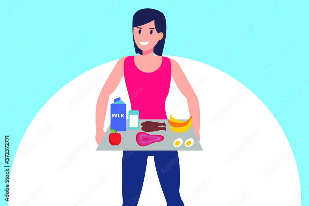 Healthy lifestyle vector concept: Happy woman carrying tray full of healthy foods