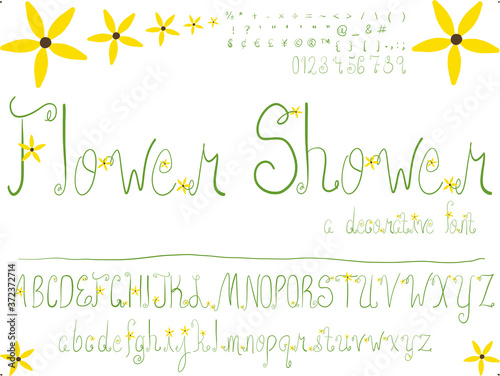 Hand Drawn Font. Cute daisies decorate the letters of this cursive set. A gardener's delight.