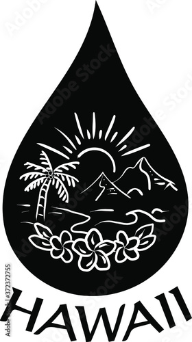 Hawaiian Palm Tree Tropical Floral Pattern On Black Water Droplet. Hawaii Patterns with Plumeria, Beach, Sun, mountains