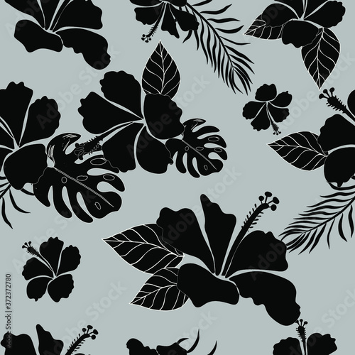 Hibiscus Flower Hawaiian Floral Pattern On Grey Background. Tropical Flower Seamless repeat patterns