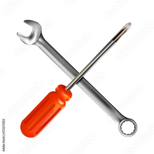 Crosshairs of realistic hand wrench and red professional screwdriver isolated on white background. 3d photo-realistic chrome metal tool