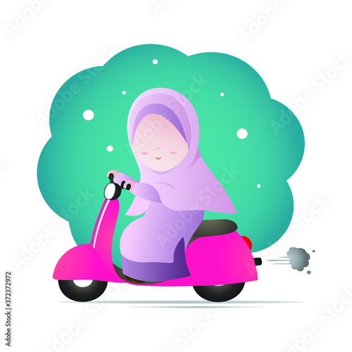 Muslim women wearing headscarf hijab riding motorbike cartoon character design.