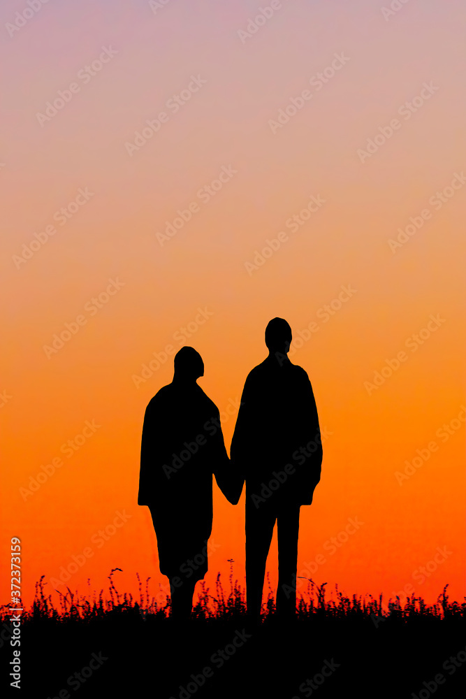 Old Couple Silhouette at Sunset