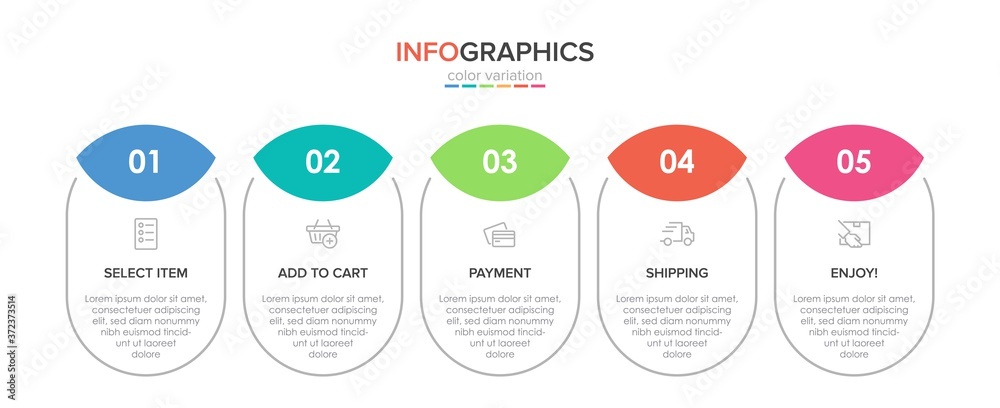 Concept of shopping process with 5 successive steps. Five colorful graphic elements. Timeline design for brochure, presentation, web site. Infographic design layout. Concept of shopping process with 5 successive steps. Five colorful graphic elements. Timeline design for brochure, presentation, web site. Infographic design layout.