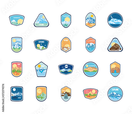 mountains and snowy mountains insignia badges icon set, flat style