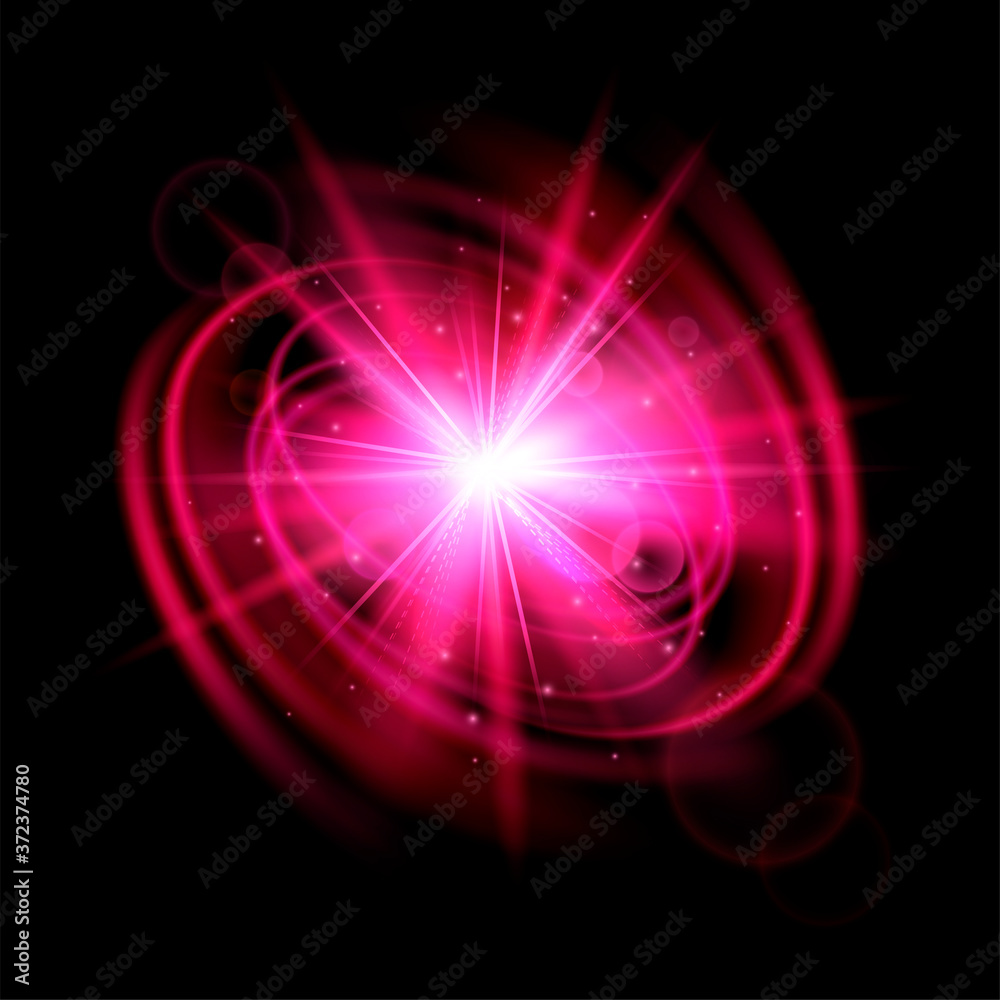 Flash, blast wave with red light effect. Explosion isolated on black background. Magic glow sparkling star