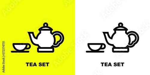 Teapot and cups. Black white vector illustration.