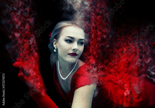 dissolving woman in red with pearls