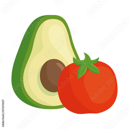 fresh avocado and tomato vegetables in white background vector illustration design