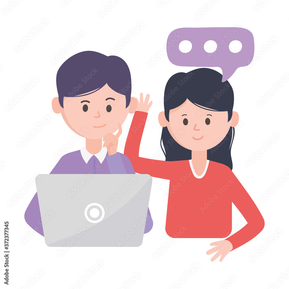 man with laptop chatting woman speak social network communication and technologies man with laptop chatting woman speak social network communication and technologies
