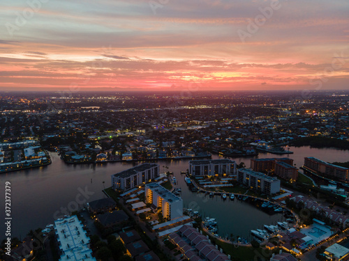 aerial view of the city at sunset
