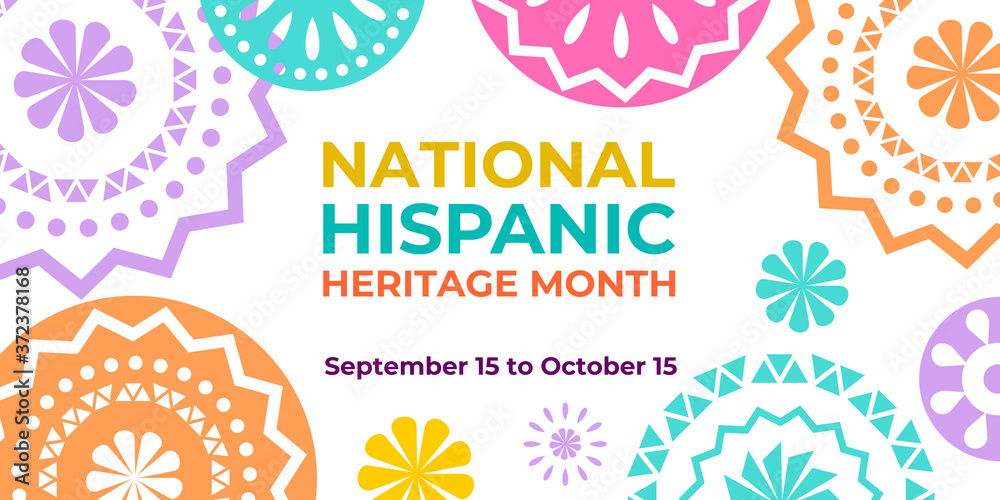 Hispanic heritage month. Vector web banner, poster, card for social media and networks. Greeting with national Hispanic heritage month text, Papel Picado hispanic abstract pattern on white background. - obrazy, fototapety, plakaty 