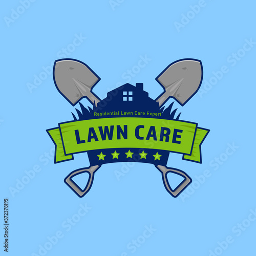 Gardening lawn care company vector logo badge with shield and shovel