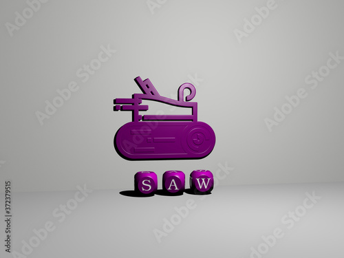 SAW 3D icon on the wall and text of cubic alphabets on the floor, 3D illustration for construction and background