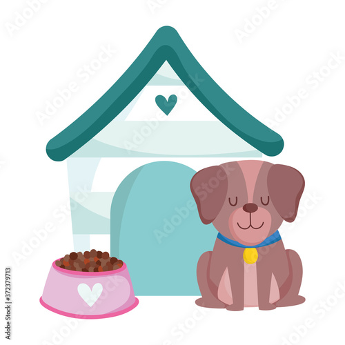 pet shop, cute dog sitting house and food animal domestic cartoon