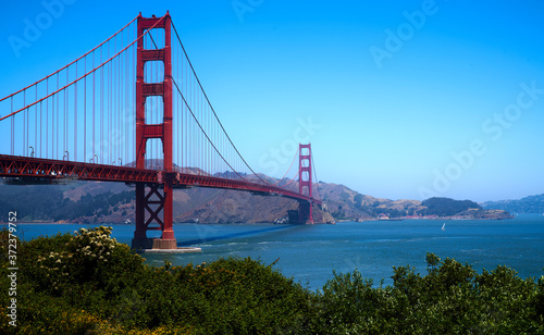 Scenic View of the San Francisco California Golden Gate Bridge with Blue Skies 