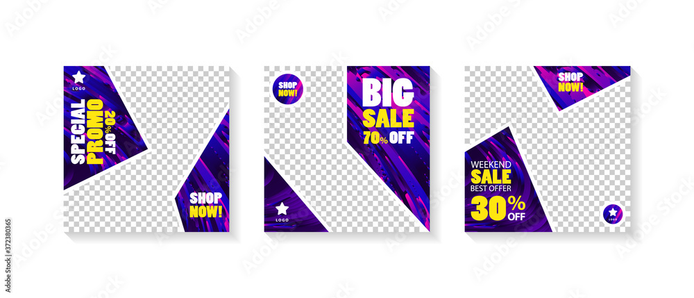 Set of modern promotion square web banner for social media mobile apps isolated on white background. Vector