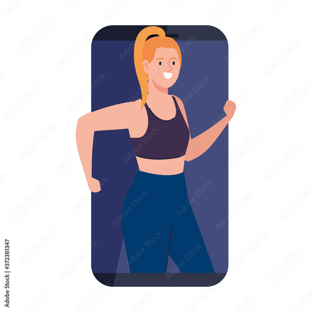 Fototapeta premium fitness, training and workout app, woman practicing sport in smartphone, sport online vector illustration design
