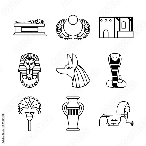 icon set of anubis god and egypt symbols, line style