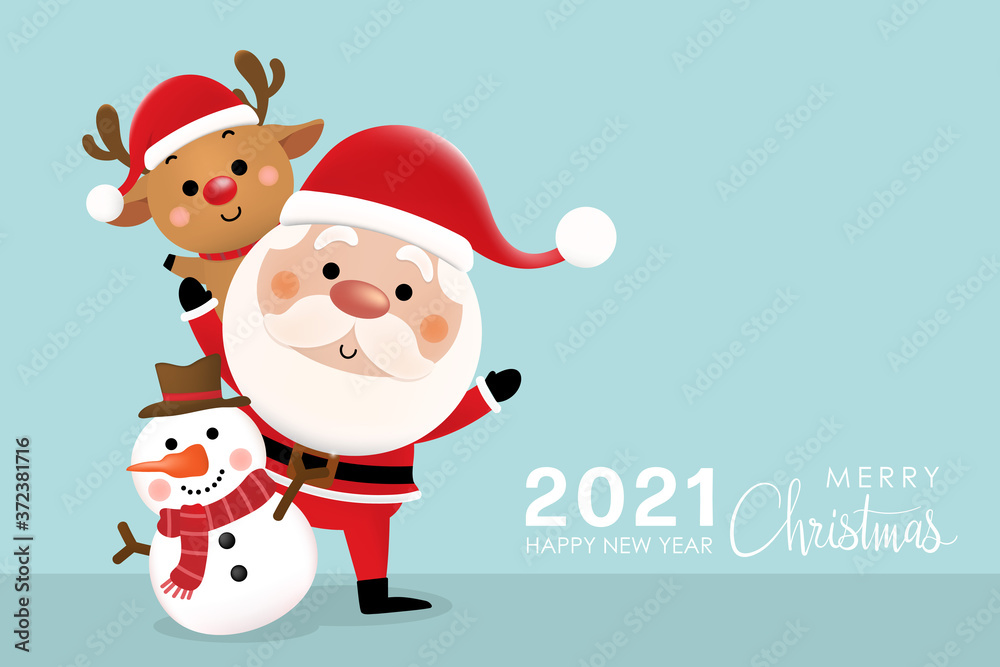 Merry Christmas and happy new year 2021 greeting card with cute Santa Claus, deer and snowman. Holiday cartoon character in winter season. -Vector. Merry Christmas and happy new year 2021 greeting card with cute Santa Claus, deer and snowman. Holiday cartoon character in winter season. -Vector.